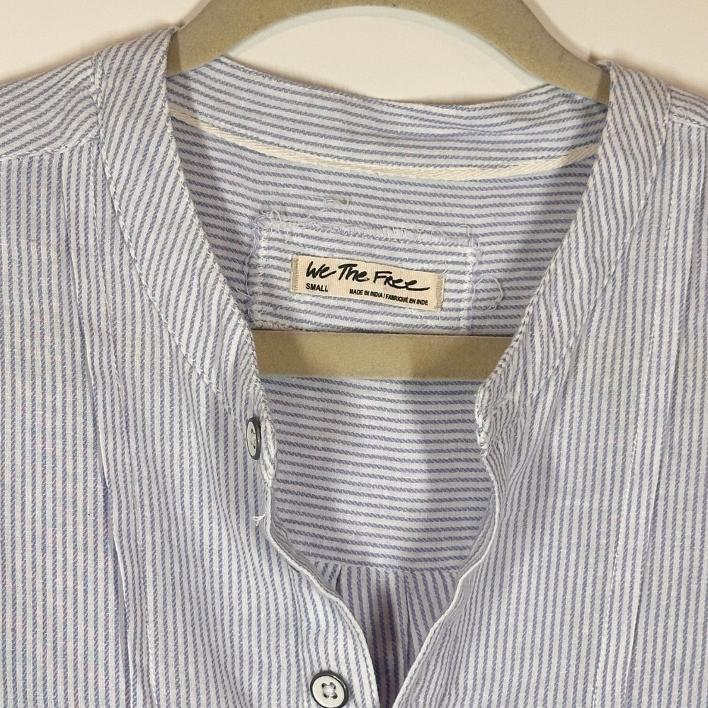 We The Free Blouse Small Blue Striped Long Sleeve Frayed Hem Button Down Boho - Picture 3 of 6